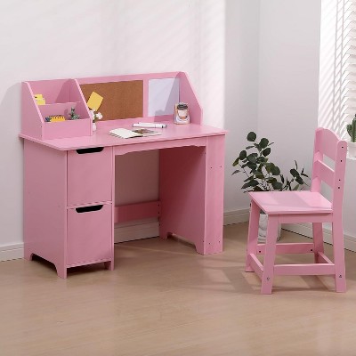 Kids Desk and Chair Set, Small Children Study Table and Chair Set with Storage Cabinets, Corkboard & Side Open Shelves