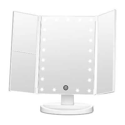 FASCINATE Lighted Makeup Mirror, 21 LED Lights, 3x/2x/1x Magnifying Trifold LED Vanity Mirror, Touch Control Dimmable Brightness,180°Rotation