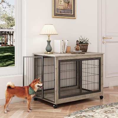 Acekool Wooden Dog Crate - Heavy Duty Furniture Style Kennel with Wheels & Double Doors