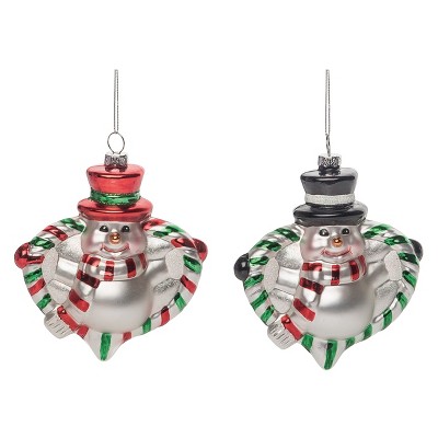 Transpac Glass 5 Inch Multicolored Vintage Snowman Ornament Set of 2 for Christmas Tree Decor
