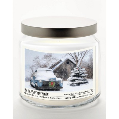 Courtside Market Christmas on the Farm Evergreen 12.8oz Soy Wax Candle Glass Jar with Brushed Silver Metal Lid