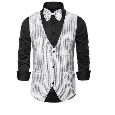 INSPIRE CHIC Men's Shiny Sequin Sleeveless Party Prom Suit Vest with Bow Tie
