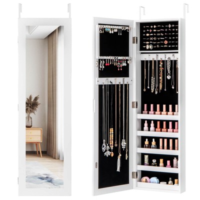 Costway Door Mounted Mirrored Jewelry Cabinet Storage Organizer White