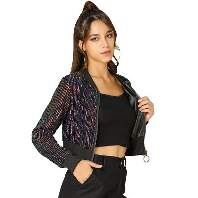 INSPIRE CHIC Women's Sequin Sparkle Front Zipper Cropped Bomber Jacket