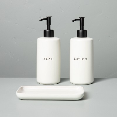 3pc Stoneware Soap & Lotion Pump Set Matte Cream - Hearth & Hand™ with Magnolia: Bathroom Organizer Tray