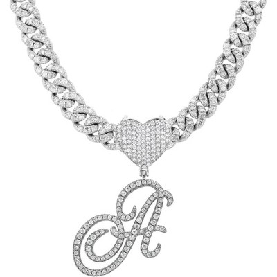 Silver Cuban Link Chain Necklace for Women - Iced Out Initial Pendant with Heart, Custom Name Hip Hop Jewelry Gift