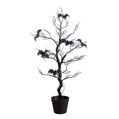 Nearly Natural 3-ft Pre-Lit Artificial Halloween Black Spooky Twig Tree with Bats and 100 Orange & Purple LED Lights