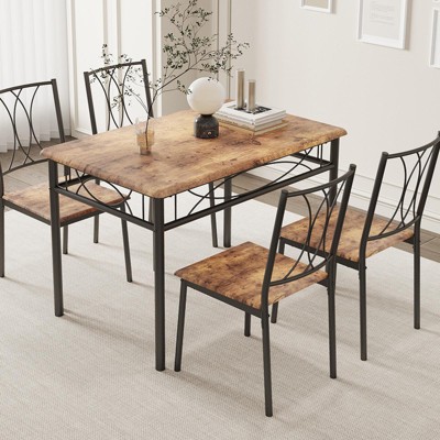 5-Piece Modern Dining Table Set, Small Space Table & 4 Chairs, Metal Frame, Retro/Gray