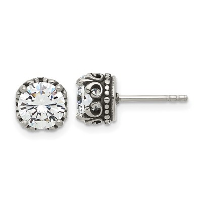 Chisel Stainless Steel Antiqued and Polished CZ Earrings