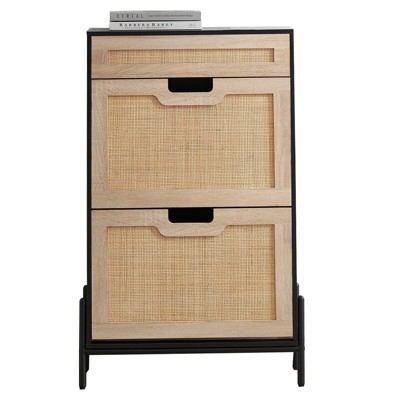 Coolmee Natural Rattan Shoe Cabinet, 2 Flip Door Shoe Rack with Drawer, Freestanding Shoe Organizer with Adjustable Shelf for Hallway, Entryway