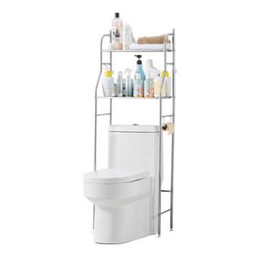 Over The Toilet Storage Shelf, 2-Tier Above Toilet Space Saver Bathroom Organizer With Toilet Paper Holder, 3 Hooks, Adjustable Bottom Bar