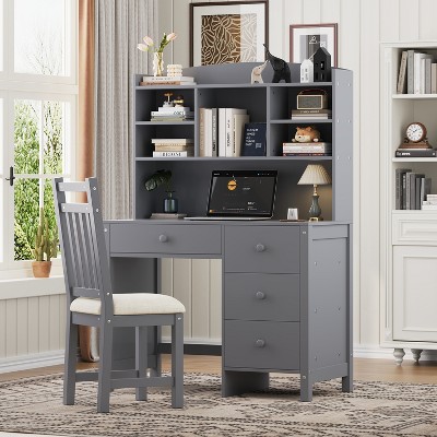 40''W Home Executive Desk with Upholstered Chair, Computer Desk Writing Study Table with Bookshelf and 4 Drawers-ModernLuxe