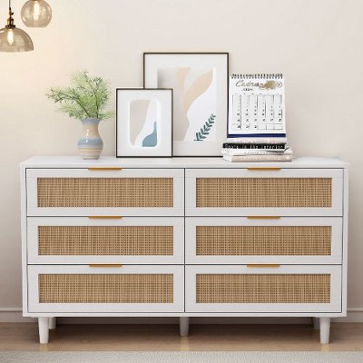 NicBex 43.31" Rattan Dresser with Drawers, 6-Drawer Dresser for Bedroom in Wood Tone, Modern Storage Cabinet for Bedroom & Closet