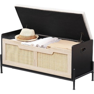 Rattan Storage Bench with Flip Top Lid Dual Safety Hinges, Reinforced Design for Entryway, Living Room, or Bedroom, Easy Assembly Organizer