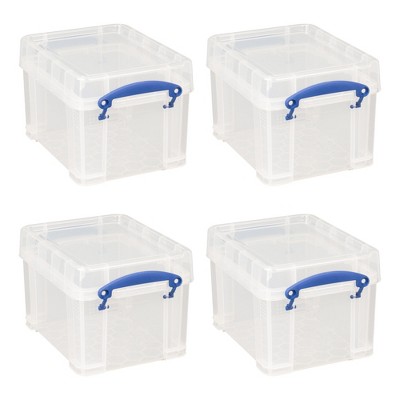 Really Useful Box 3 Liter Plastic Stackable Storage Container Bin with Built-In Clip Lock Handles for Home or Office Organization, 4 Pack, Clear