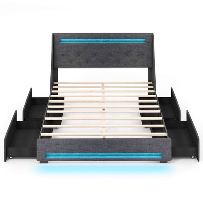 Costway Full/Queen Size Bed Frame with LED Lights & Charging Station Upholstered Platform Bed