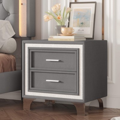 ORRD Gray Mid-Century Velvet Nightstand with 2 Drawers, Silver Glitter Trim & Metal Legs, Vintage Bedside Table, Pre-Assembled Except Legs/Handles