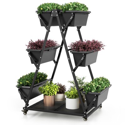 Tangkula Raised Garden Bed with 4 Wheels Tiered Planter Stand Elevated Garden Planter with 6 Container Boxes Drainage System Storage Shelf