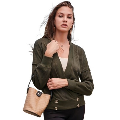 Slickblue Women's Overwrap Long Sleeve Knit Top with Front Button Detail in Olive or Black, Size S-L