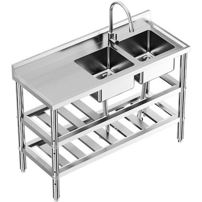 47x18x32 inch Stainless Steel Commercial Sink Kitchen Utility Sink 2 Compartment And Prep Table
