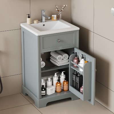 TIRAMISUBEST 20" Bathroom Vanity with Ceramic Sink, Freestanding Bathroom Vanity Cabinet with Soft Closing Door, Storage Rack and Adjustable Shelf