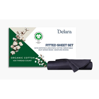 Delara GOTS Certified 100% Organic Cotton Fitted Sheet Set, 400TC Long Staple, Smooth & Breathable with Elasticized Deep Pocket
