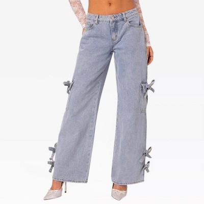 Women's Jeans Mid Rise Bows Denim Pants with Cargo Pockets Trendy Denim Jean Pants Straight Leg Slightly Bootcut Jeans