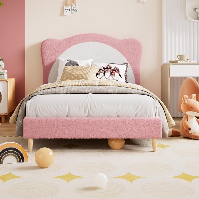 Twin/Full size Upholstered Bed Frame with Panda-Shaped Headboard, Berber Fleece Platform Bed for Girls & Boys, No Box Spring Needed, Easy Assembly