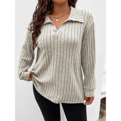 Coolmee Women's Plus Size Tops Casual Long Sleeve Ribbed Knit Shirts Lapel Neck Basic Solid Tops Loose Fit Spring Fall Outfits 5XL White
