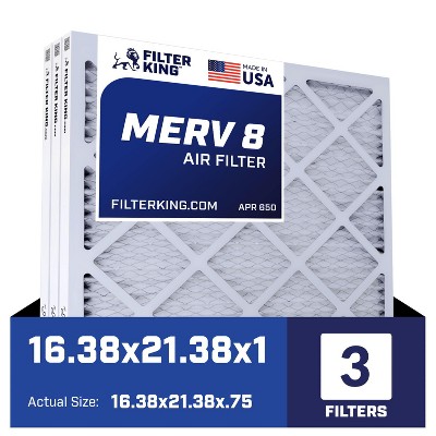Filter King 16.38x21.38x1 Air Filter | 3-PACK | MERV 8 HVAC Pleated A/C Furnace Filters | MADE IN USA | Actual Size: 16.38 x 21.38 x .75"