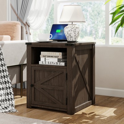 MUUEGM 24" Farmhouse End Table| Nightstand Bedside Table with Charging Station and Door &Storage Shelf