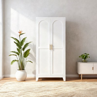 Homy Casa 4-Door Storage Cabinet with Cane Panels and Adjustable Shelves for Living Room, Dining Room, or Entryway, Black and Natural