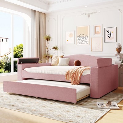 Okak Twin/Full Teddy Fleece Daybed with Trundle & Storage Armrests Upholstered Bed Sofa Bed Frame with Bluetooth Audio System Easy to Assemble