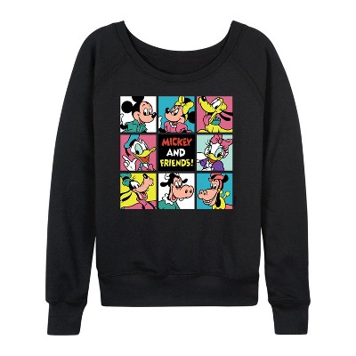 Women's - Disney - Mickey Mouse and Friends Grid Lightweight French Terry Wide Neck Long Sleeve Graphic Shirt