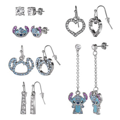 Disney Stitch Earrings Set - 6 Pairs, Silver-Plated with Crystals and Enamel, Drop and Stud Styles