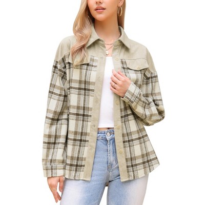 INSPIRE CHIC Women's Corduroy Flannel Shacket Plaid Button Down Casual Shirt Jackets