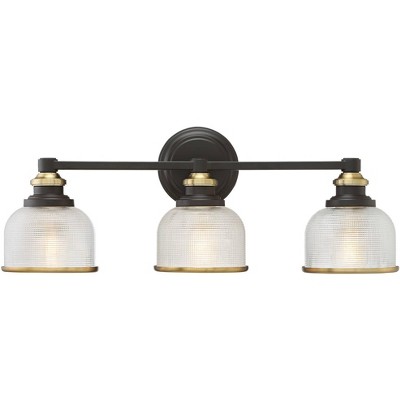 Possini Euro Design Poway Industrial Modern Wall Light Bronze Warm Brass Hardwire 24" 3-Light Fixture Textured Glass Bowl Shade for Bedroom Bathroom