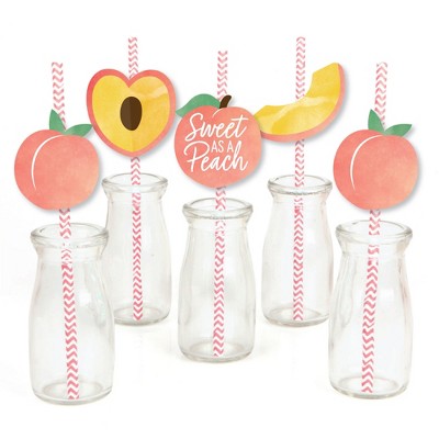 Big Dot of Happiness Sweet as a Peach - Paper Straw Decor - Fruit Themed Baby Shower or Birthday Party Striped Decorative Straws - Set of 24