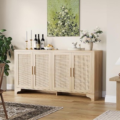 Bohemian Rattan Storage Cabinet with 4 Doors - Natural Woven Console Table for Living Room, Entryway, Dining Room & Coffee Table Use