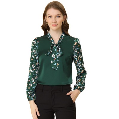 Allegra K Women's Contrast Floral Panel Bow Neck Long Sleeve Work Blouse