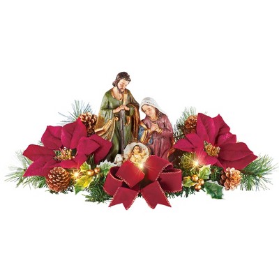 Collections Etc Lighted Tabletop Nativity Scene with Poinsettias Red