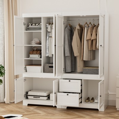 Buenhomino White Freestanding Modular Wardrobe Combo Armoires Closet,DIY Closet System with Wood Storage Drawers and Hanging Rods