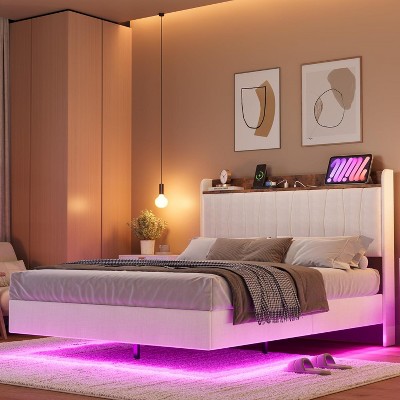 Floating Bed Frame with LED Lights & Charging Station, Upholstered Platform Bed with Storage Headboard, Wood Slats Support, No Box Spring Needed