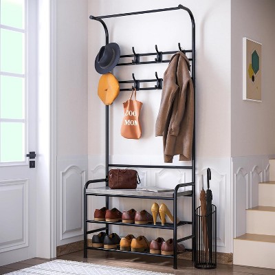 Entrance Shoeshine Shaft 4 in 1, 3 Level Luggage Rack with 8 Movable Hooks, Multifunctional Entrance Furniture, Entrance Shoeshine