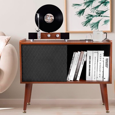 Record Player Stand, End Table with Charging Station, Vinyl Storage Table Holds Up to 220 Albums, Turntable Stand, Retro Stereo Stand