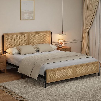 Natural Bed Frame with Rattan Headboard and Footboard,  No Box Spring Needed, Noise-Free Easy Assemble Wooden Bedframe