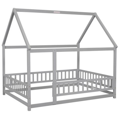 YOOCOZZ Full Size House Floor Bed with Roof and Safety Guardrails