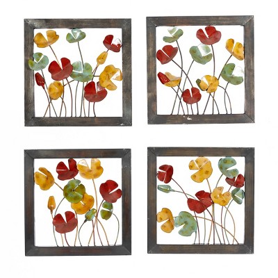 Metal Floral Wall Decor with Black Frame Set of 4 - Olivia & May: Iron Botanical Sculptures, Traditional Style, Vertical Display