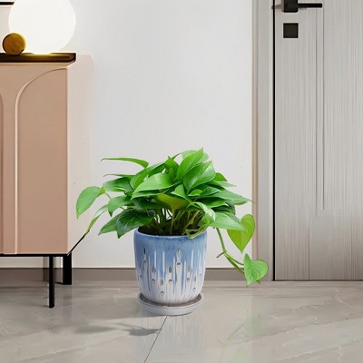 Chic Crate Modern Striped Ceramic Planter Set of 2 (8") – With Drainage & Saucer, Indoor & Outdoor Use