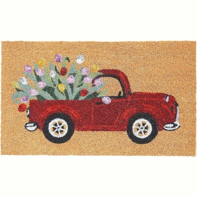 HomeRoots 17" X 29" Natural And Red Floral Outdoor Coir Door Mat